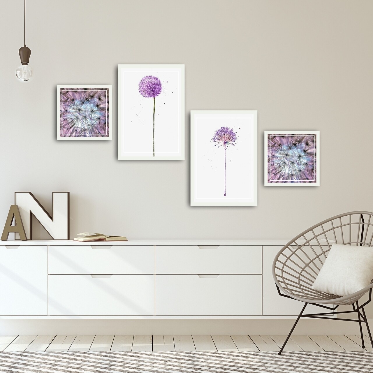Set 4 tablouri decorative, Alpha Wall, Pink Dandelion, 30x30/35x50 cm - imagine 3
